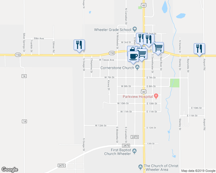 map of restaurants, bars, coffee shops, grocery stores, and more near 805 Kiowa Street in Wheeler