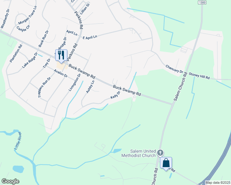 map of restaurants, bars, coffee shops, grocery stores, and more near 103 Kelly Drive in Goldsboro