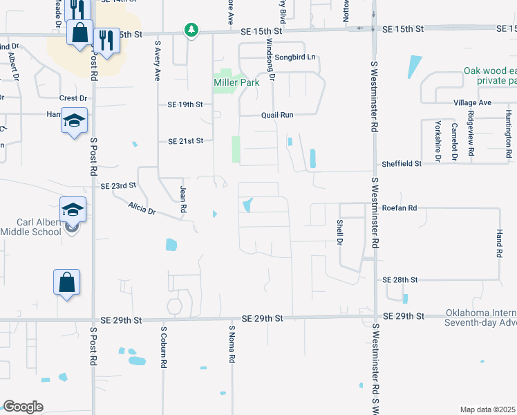 map of restaurants, bars, coffee shops, grocery stores, and more near 10412 Southeast 25th Street in Oklahoma City