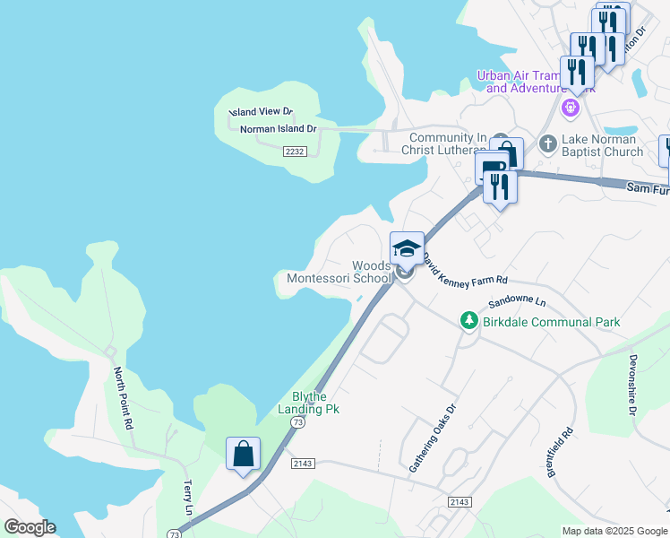 map of restaurants, bars, coffee shops, grocery stores, and more near 16213 Winnow Court in Cornelius