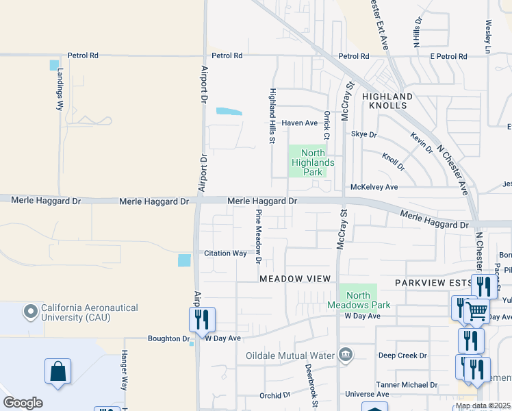 map of restaurants, bars, coffee shops, grocery stores, and more near 3803 Pine Meadow Drive in Bakersfield