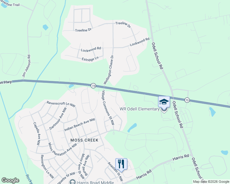 map of restaurants, bars, coffee shops, grocery stores, and more near 9404 Village View Court Northwest in Concord