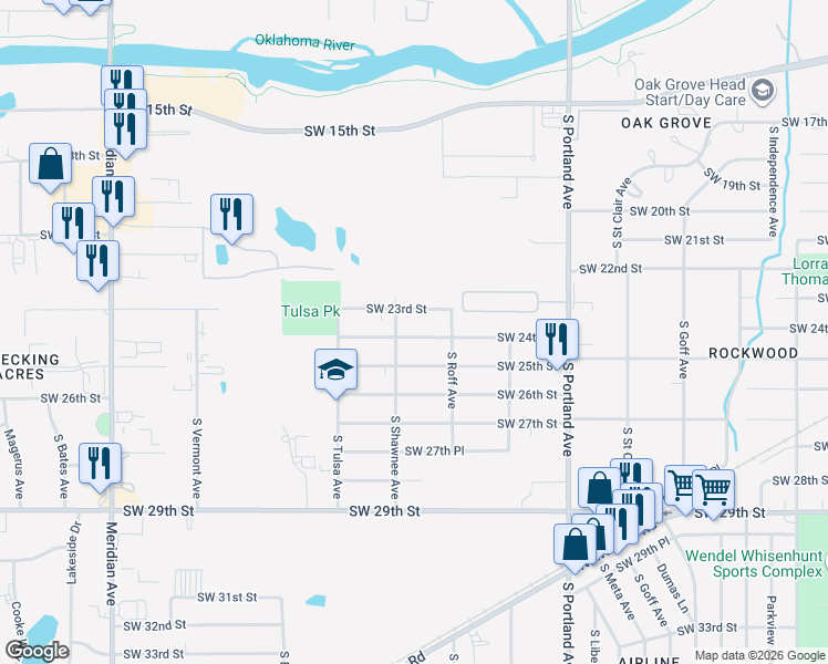 map of restaurants, bars, coffee shops, grocery stores, and more near 3944 Southwest 24th Street in Oklahoma City