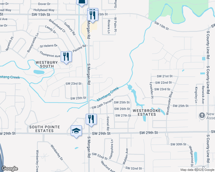 map of restaurants, bars, coffee shops, grocery stores, and more near 2400 South Morgan Road in Oklahoma City