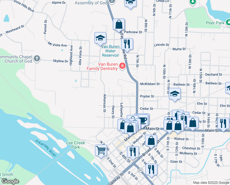 map of restaurants, bars, coffee shops, grocery stores, and more near 416 Poplar Street in Van Buren