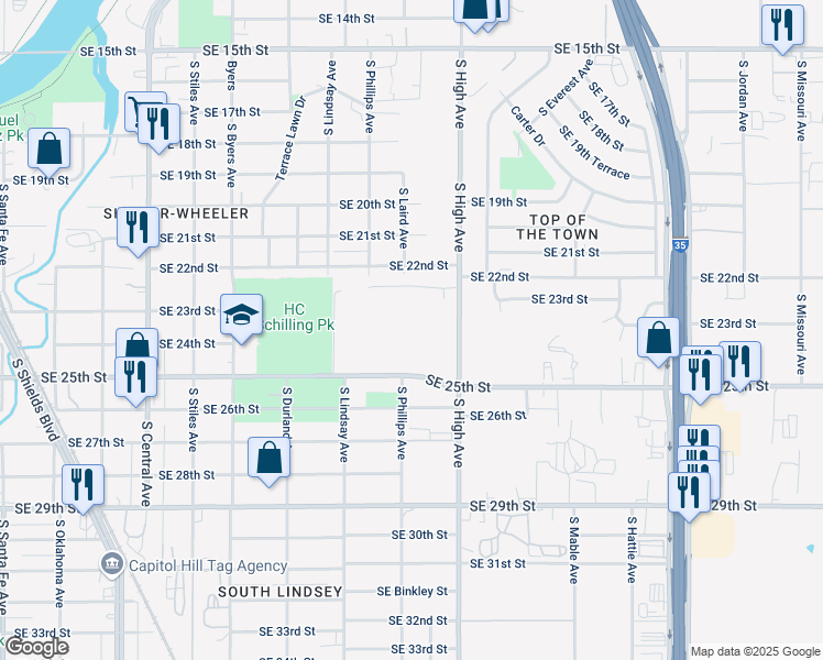 map of restaurants, bars, coffee shops, grocery stores, and more near 2501 South High Avenue in Oklahoma City