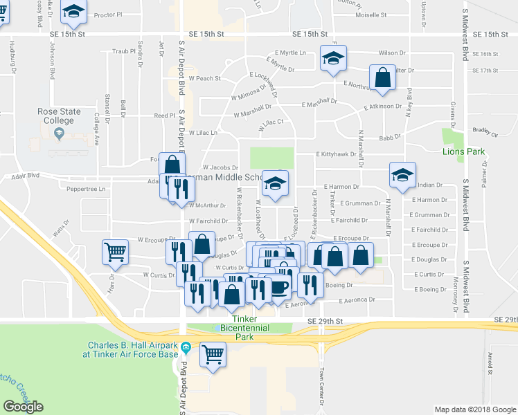 map of restaurants, bars, coffee shops, grocery stores, and more near 198 McArthur Drive in Midwest City