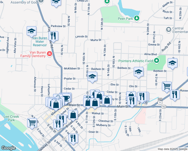 map of restaurants, bars, coffee shops, grocery stores, and more near 1121 Poplar Street in Van Buren