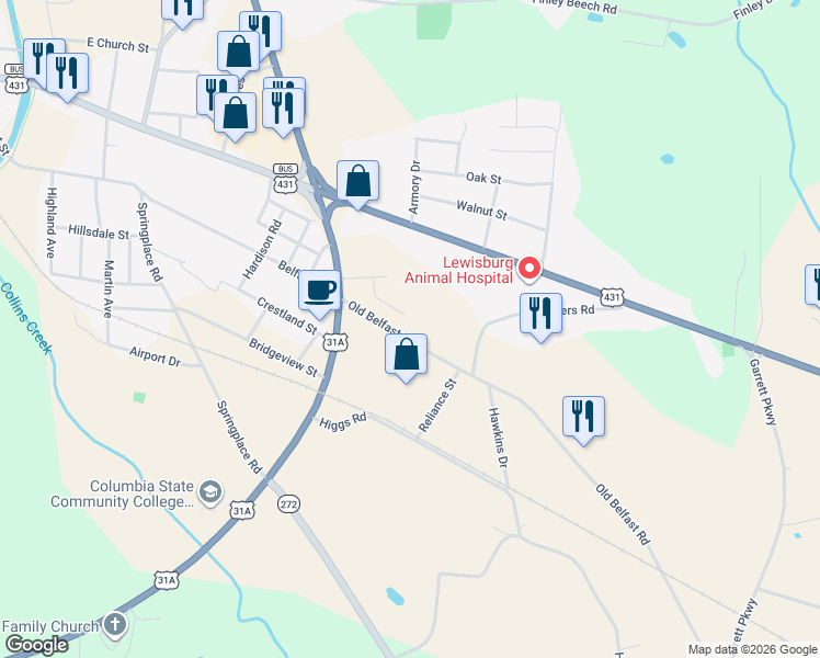 map of restaurants, bars, coffee shops, grocery stores, and more near 961 Old Belfast Road in Lewisburg