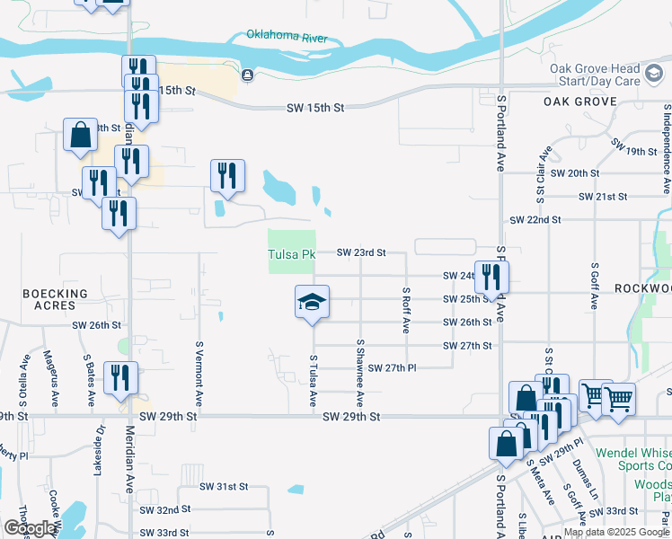 map of restaurants, bars, coffee shops, grocery stores, and more near 4032 Southwest 24th Street in Oklahoma City