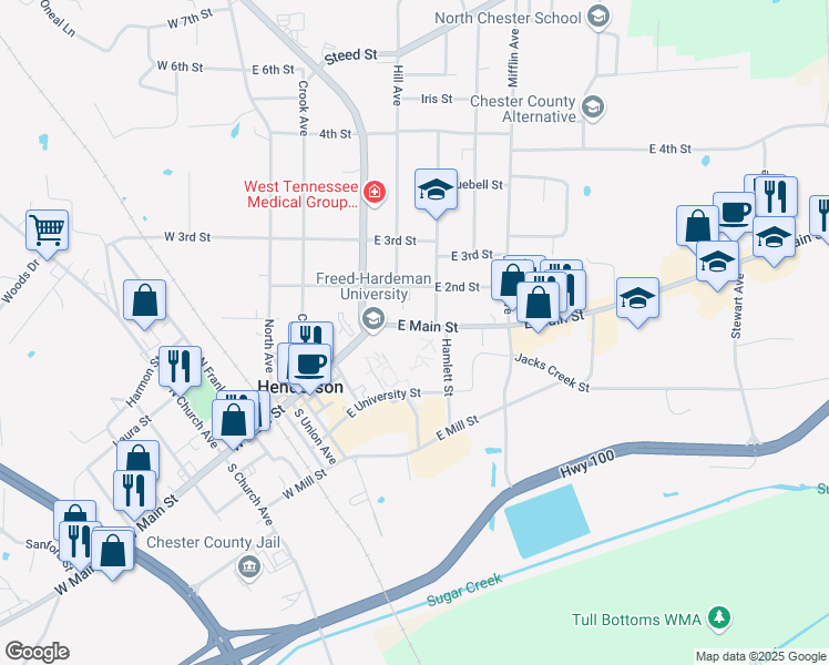 map of restaurants, bars, coffee shops, grocery stores, and more near 158 East Main Street in Henderson