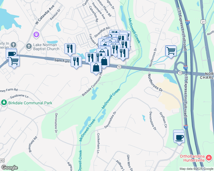 map of restaurants, bars, coffee shops, grocery stores, and more near 16550 Birkdale Commons Pkwy in Huntersville