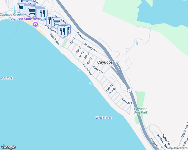 map of restaurants, bars, coffee shops, grocery stores, and more near 10 11th Street in Cayucos