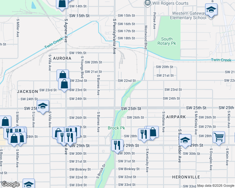 map of restaurants, bars, coffee shops, grocery stores, and more near 2421 South Pennsylvania Avenue in Oklahoma City