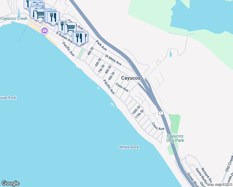 map of restaurants, bars, coffee shops, grocery stores, and more near 10 11th Street in Cayucos