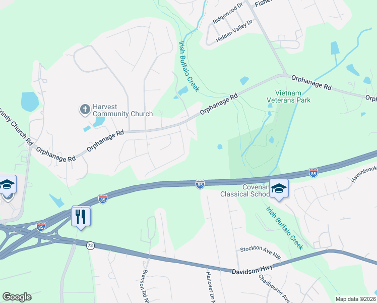map of restaurants, bars, coffee shops, grocery stores, and more near 4115 Orphanage Road in Concord