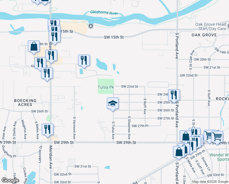 map of restaurants, bars, coffee shops, grocery stores, and more near 4032 Southwest 24th Street in Oklahoma City