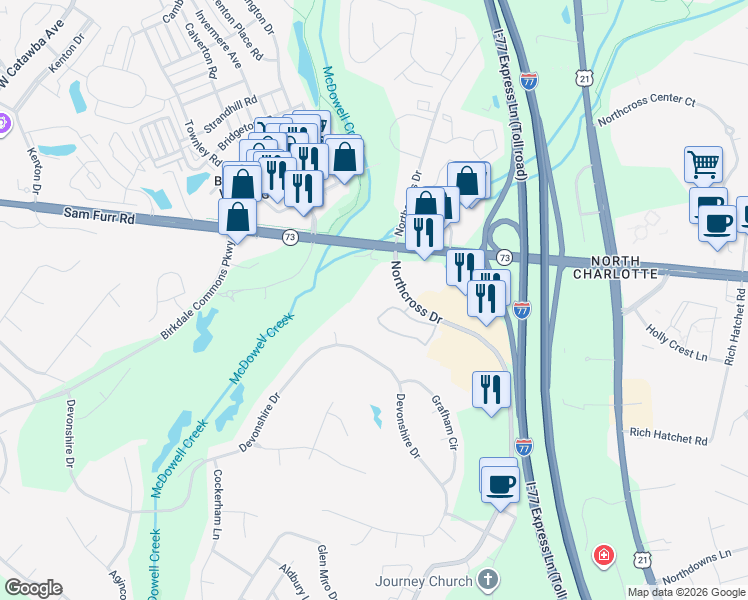 map of restaurants, bars, coffee shops, grocery stores, and more near 8701 Pinnacle Cross Drive in Huntersville