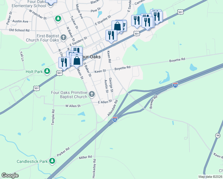 map of restaurants, bars, coffee shops, grocery stores, and more near 218 Austin Drive in Four Oaks
