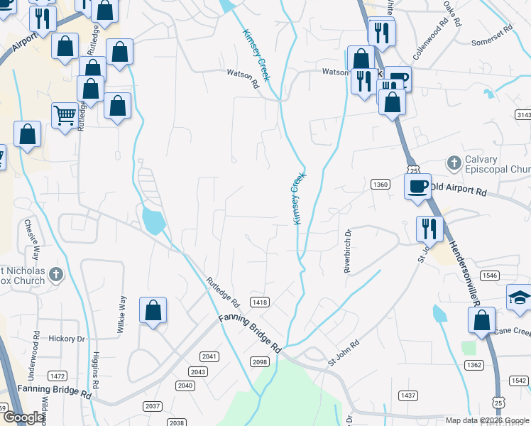map of restaurants, bars, coffee shops, grocery stores, and more near 104 Allard Lyda Way in Fletcher