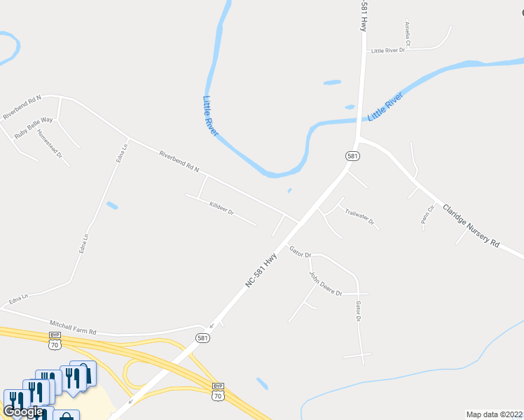 map of restaurants, bars, coffee shops, grocery stores, and more near 858 Riverbend Road North in Goldsboro
