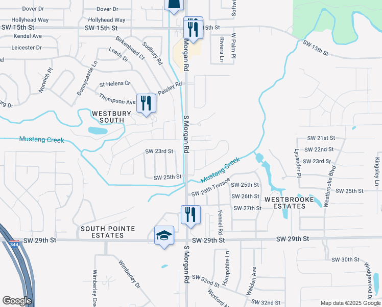 map of restaurants, bars, coffee shops, grocery stores, and more near 2598 South Morgan Road in Oklahoma City