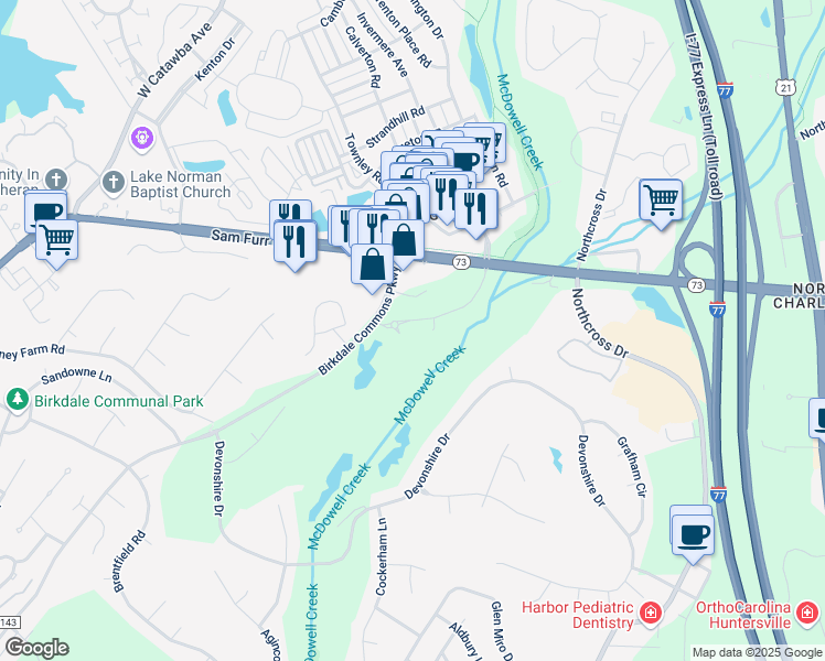 map of restaurants, bars, coffee shops, grocery stores, and more near 9035 Lindholm Drive in Huntersville