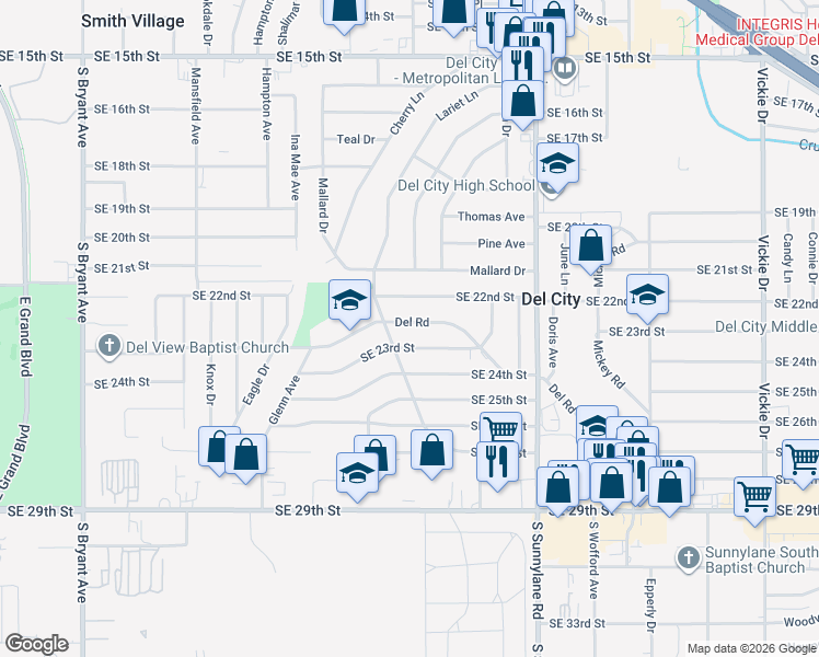 map of restaurants, bars, coffee shops, grocery stores, and more near 3921 Southeast 23rd Street in Del City