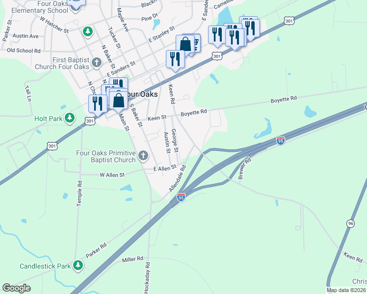 map of restaurants, bars, coffee shops, grocery stores, and more near 217 George Street in Four Oaks