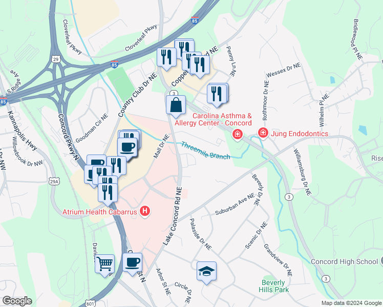map of restaurants, bars, coffee shops, grocery stores, and more near 1000 Woodbrook Place Northeast in Concord