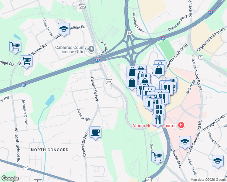 map of restaurants, bars, coffee shops, grocery stores, and more near 31 Willowbrook Drive Northwest in Concord