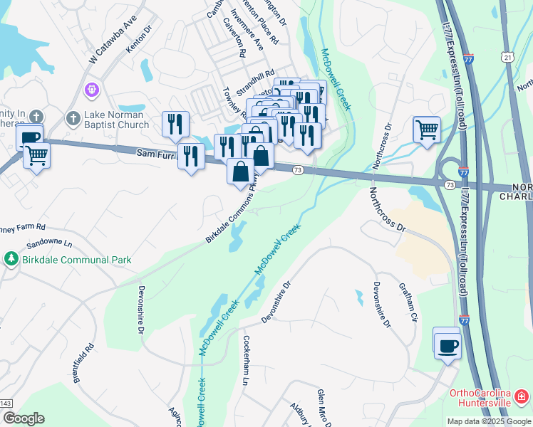map of restaurants, bars, coffee shops, grocery stores, and more near 16550 Birkdale Commons Pkwy in Huntersville