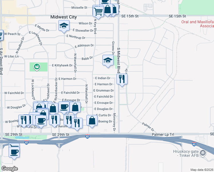map of restaurants, bars, coffee shops, grocery stores, and more near 521 East Grumman Drive in Midwest City