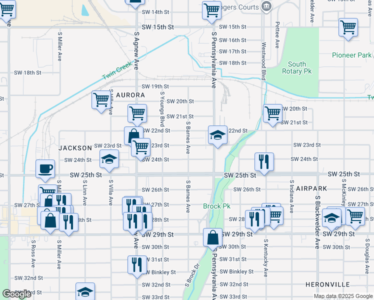 map of restaurants, bars, coffee shops, grocery stores, and more near 2221 Southwest 24th Street in Oklahoma City