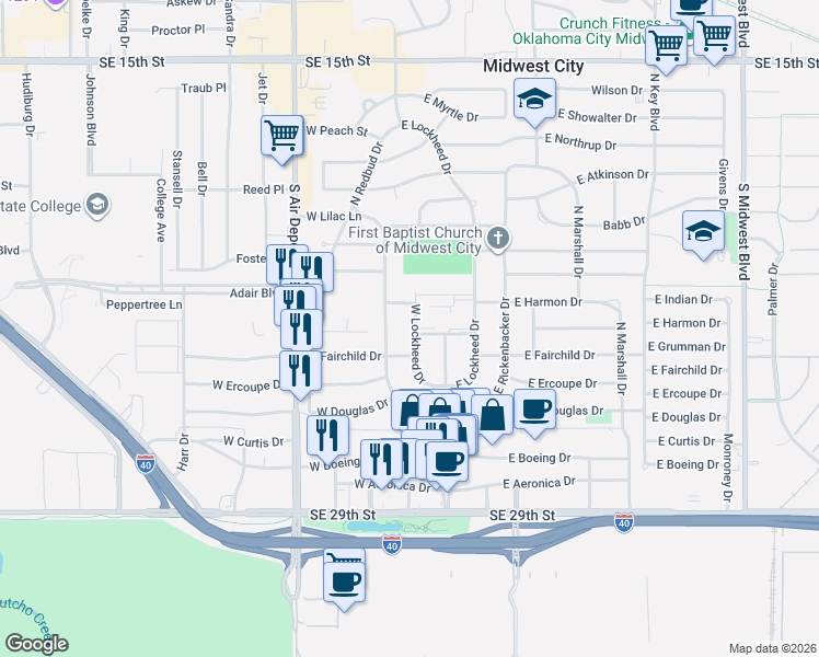 map of restaurants, bars, coffee shops, grocery stores, and more near 503 West Lockheed Drive in Midwest City