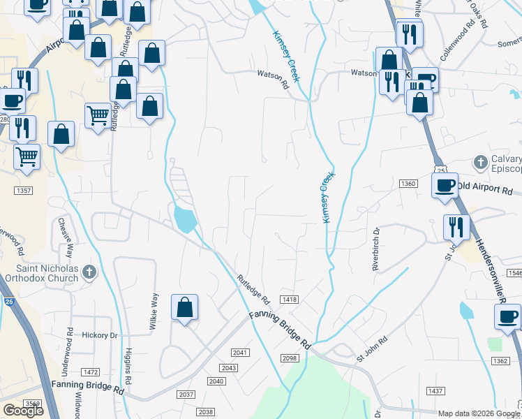 map of restaurants, bars, coffee shops, grocery stores, and more near 64 Rutledge Rd in Fletcher