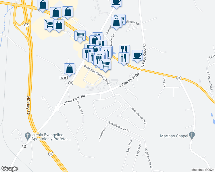 map of restaurants, bars, coffee shops, grocery stores, and more near 7475 Bluff Point Lane in Denver