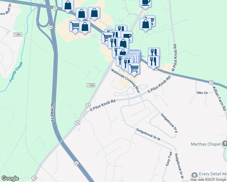 map of restaurants, bars, coffee shops, grocery stores, and more near 7577 Bluff Point Lane in Denver