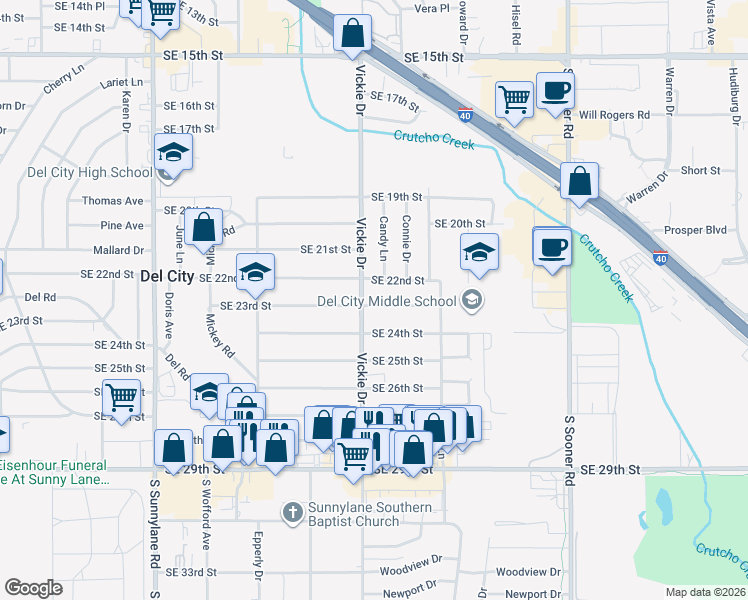 map of restaurants, bars, coffee shops, grocery stores, and more near 4700 Southeast 23rd Street in Del City