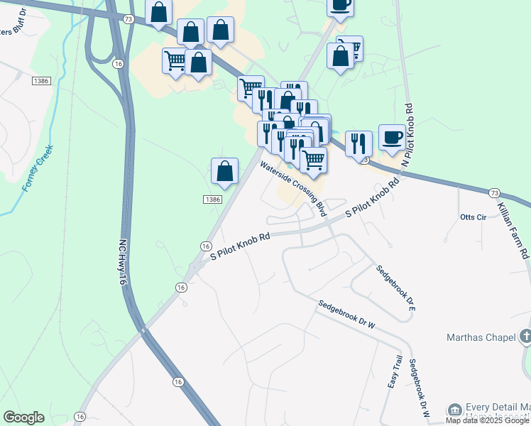 map of restaurants, bars, coffee shops, grocery stores, and more near 7577 Bluff Point Lane in Denver