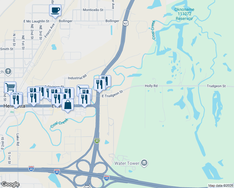 map of restaurants, bars, coffee shops, grocery stores, and more near Trudgen Rd in Henryetta
