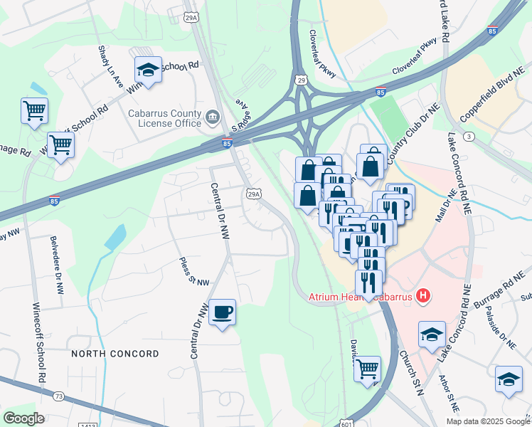 map of restaurants, bars, coffee shops, grocery stores, and more near 31 Willowbrook Drive Northwest in Concord