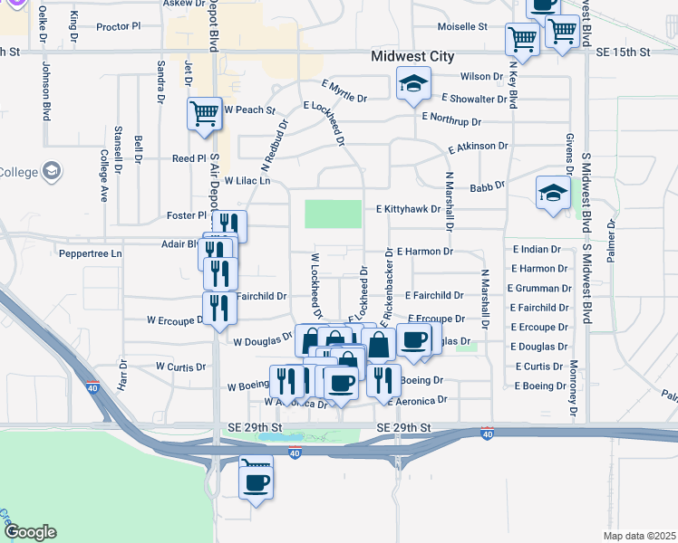 map of restaurants, bars, coffee shops, grocery stores, and more near 505 East Lockheed Drive in Midwest City