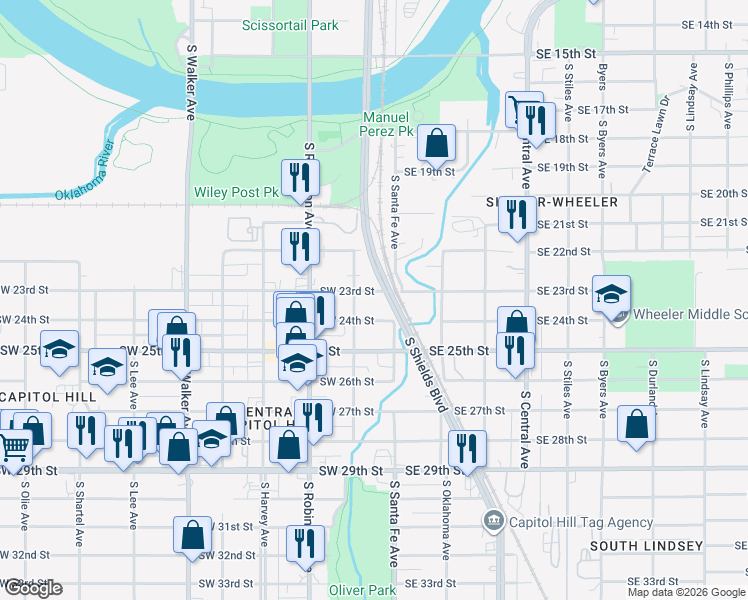 map of restaurants, bars, coffee shops, grocery stores, and more near 19 Southwest 24th Street in Oklahoma City