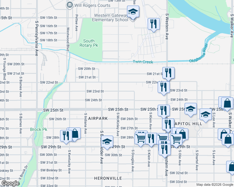 map of restaurants, bars, coffee shops, grocery stores, and more near 1213 Southwest 24th Street in Oklahoma City