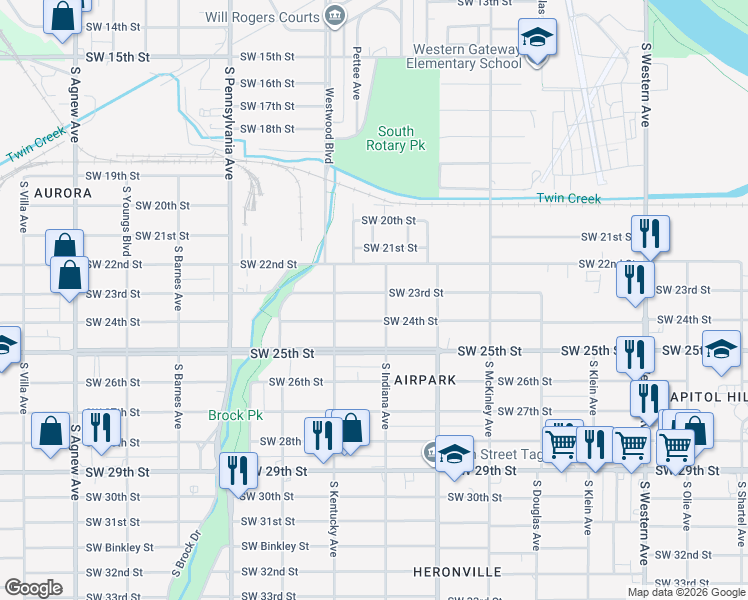 map of restaurants, bars, coffee shops, grocery stores, and more near 1409 Southwest 24th Street in Oklahoma City
