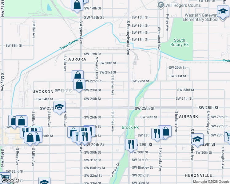 map of restaurants, bars, coffee shops, grocery stores, and more near 2129 Southwest 24th Street in Oklahoma City