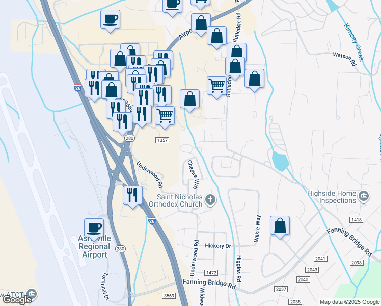 map of restaurants, bars, coffee shops, grocery stores, and more near 1 Lanceford Circle in Fletcher