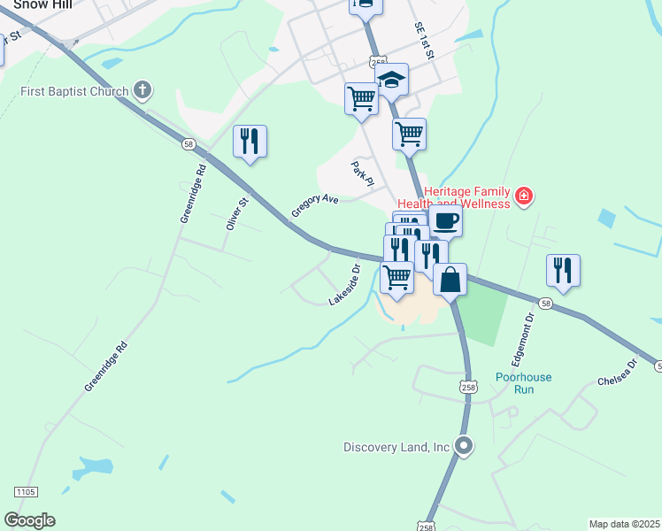 map of restaurants, bars, coffee shops, grocery stores, and more near 104 Crestwood Drive in Snow Hill