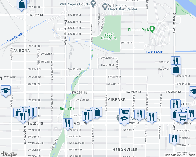 map of restaurants, bars, coffee shops, grocery stores, and more near 1428 Southwest 23rd Street in Oklahoma City